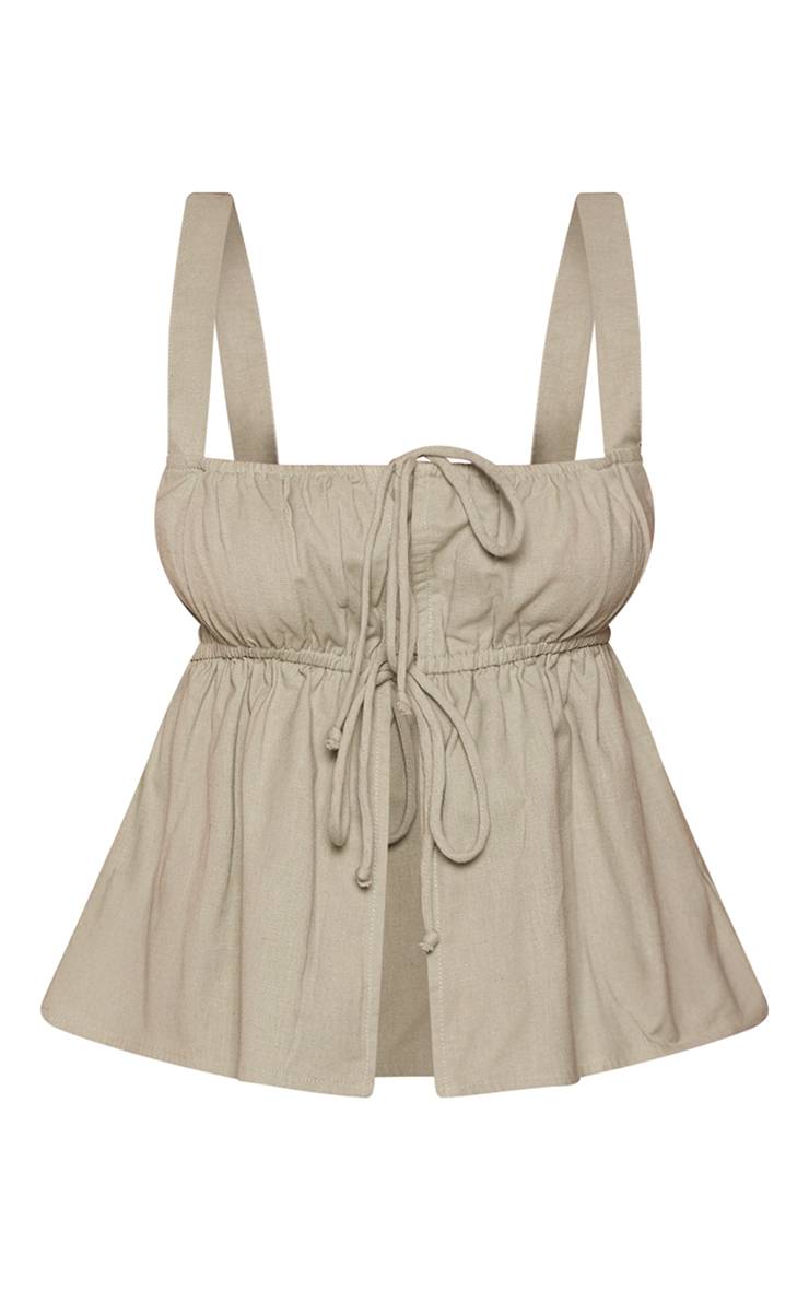 Vert Sauge Haut Cami Petite En Lin À Volants Avec Lien Ouvert Sur Le Devant Co-ord