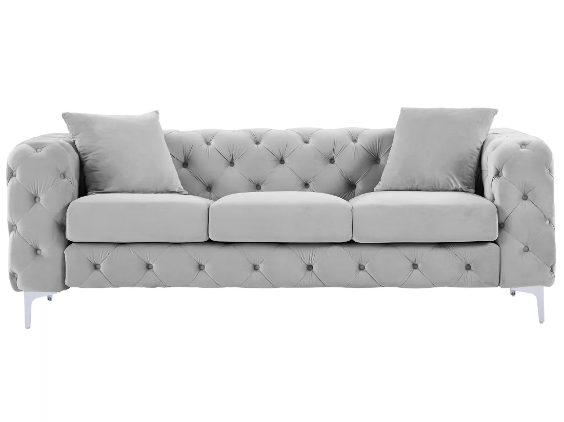 Canapé 3 places chesterfield en velours gris clair EDWINA