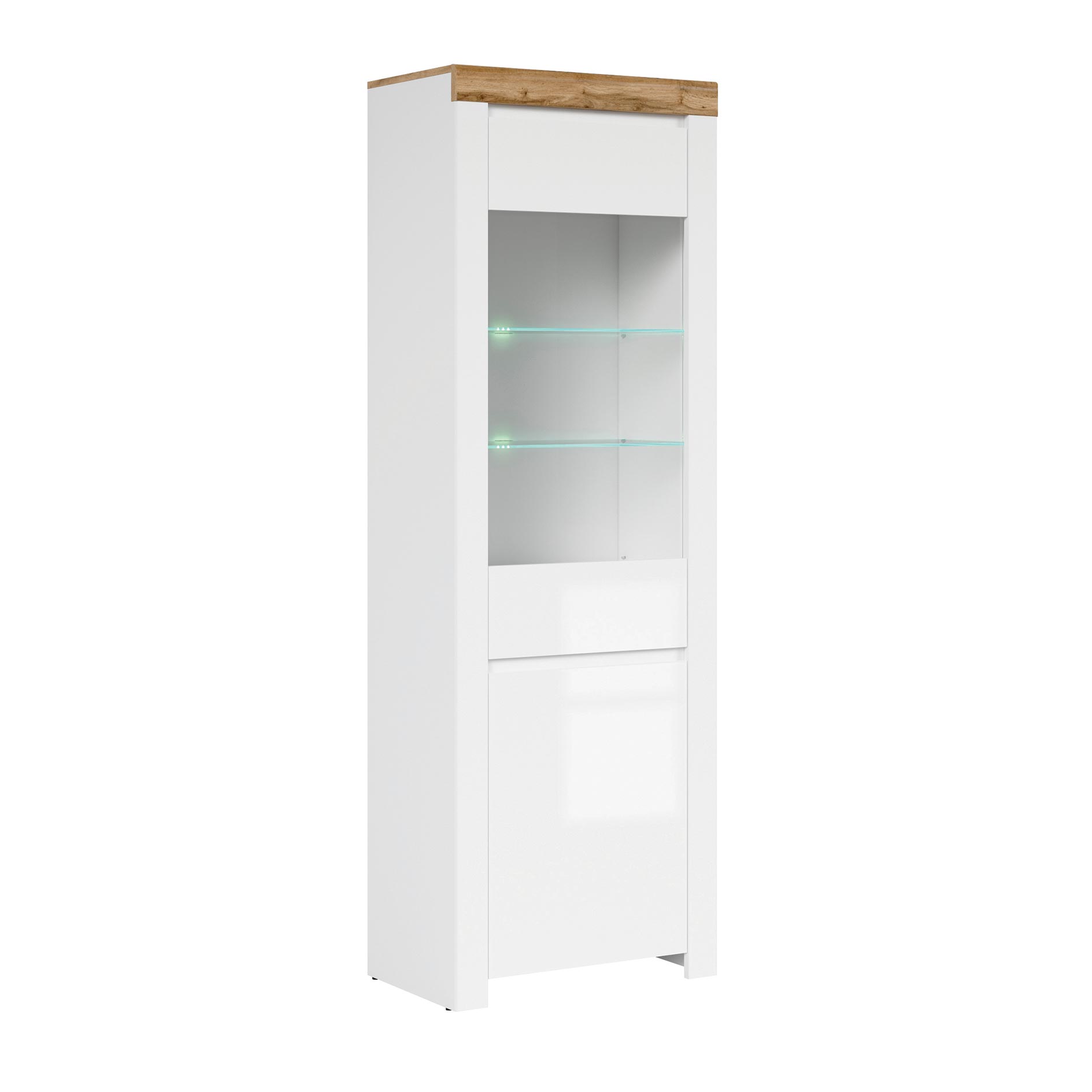 Standvitrine - weiß Hochglanz-Wotan Eiche - 204 cm hoch