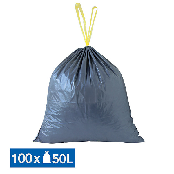 Sacs poubelle déchets courants poignées coulissantes gris 50 L, lot de 100