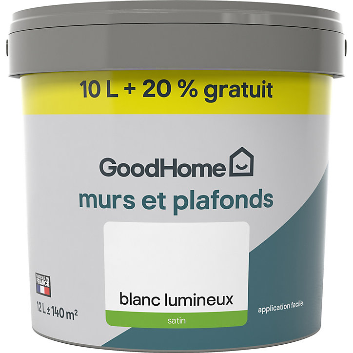 Peinture murs et plafonds GoodHome blanc satin 10L + 2L