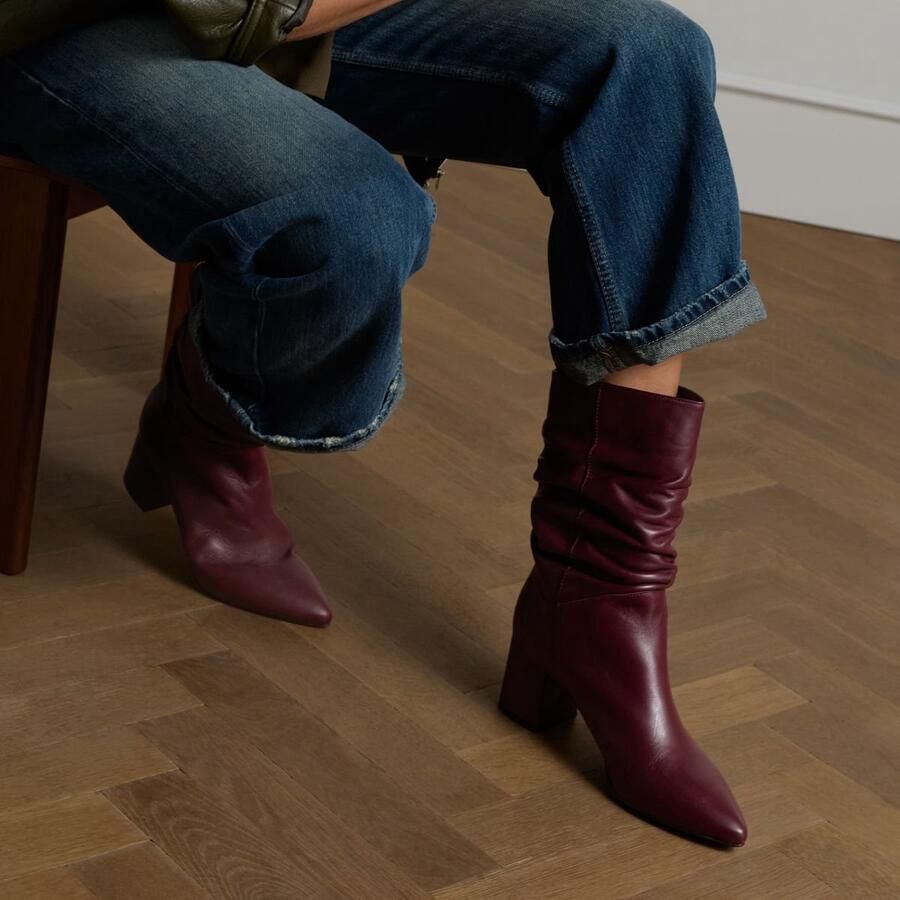 Manfield Dames Bordeaux rode leren laarzen met hak