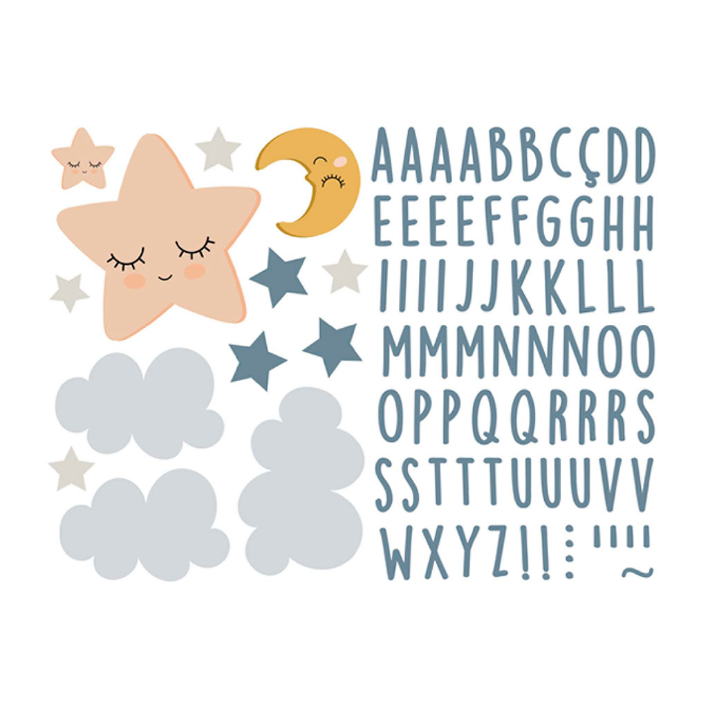 Sticker mural déco prénom étoiles et lune 30x40cm