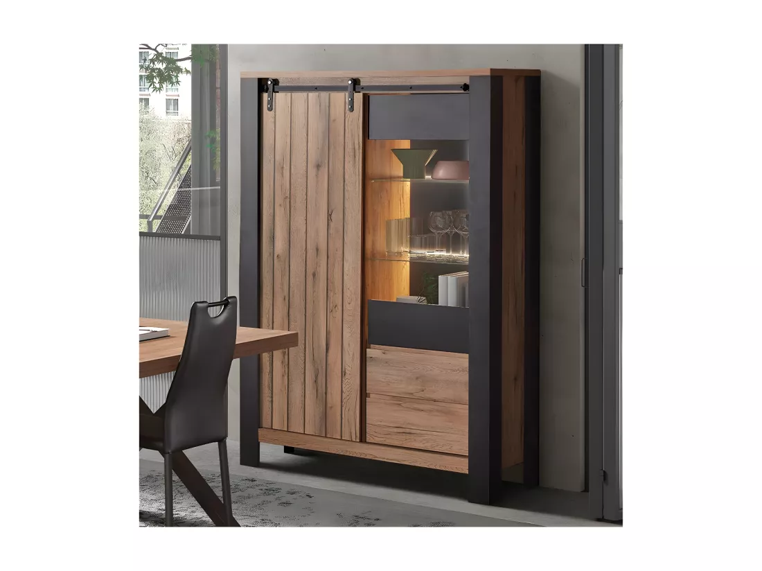 CLODIUS - Argentier 2 Portes 2 Tiroirs Métal et Aspect Bois Finition Scarlet avec Leds