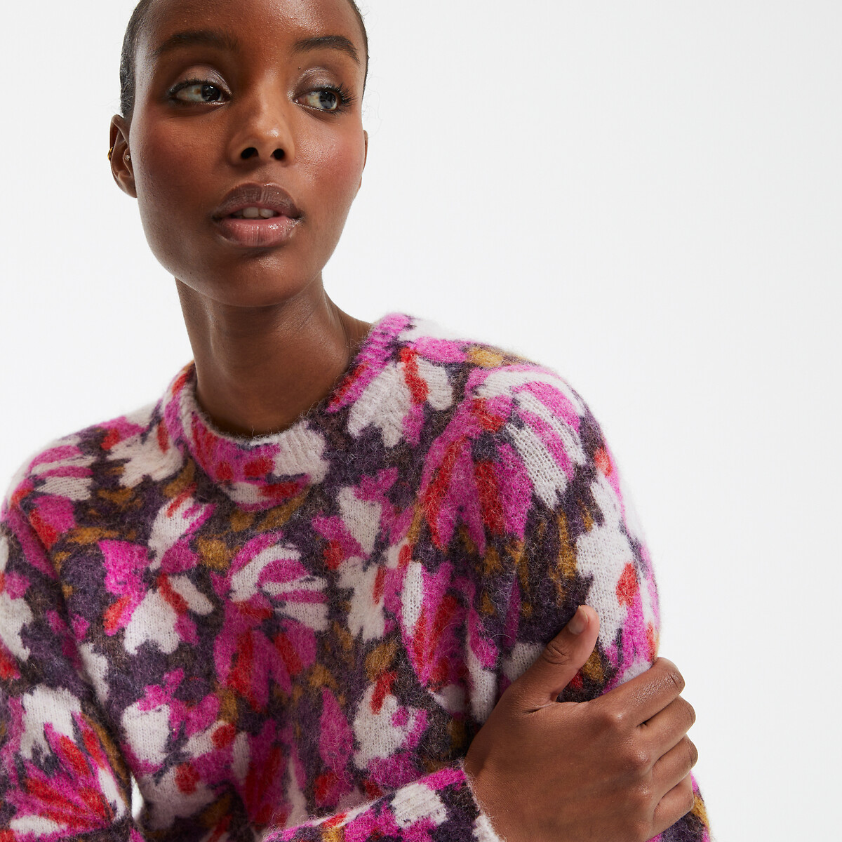 COLEÇÕES LA REDOUTE<br>Suéter com estampa floral e gola redonda em mistura de alpaca