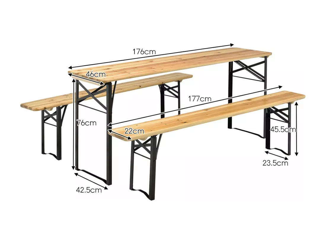 Ensemble Table Pliante et Bancs de Pique-Nique pour 4 personnes, Set de Table et Chaises en Bois pour Camping avec Tubes d'acier Pulvérisé Résistant aux Intempéries