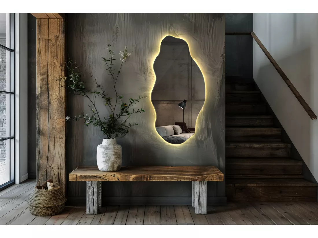 Miroir Loft décoratif éclairé par LED Boho pour le salon salle de bain chambre 50 cm x 100 cm - lumière chaude