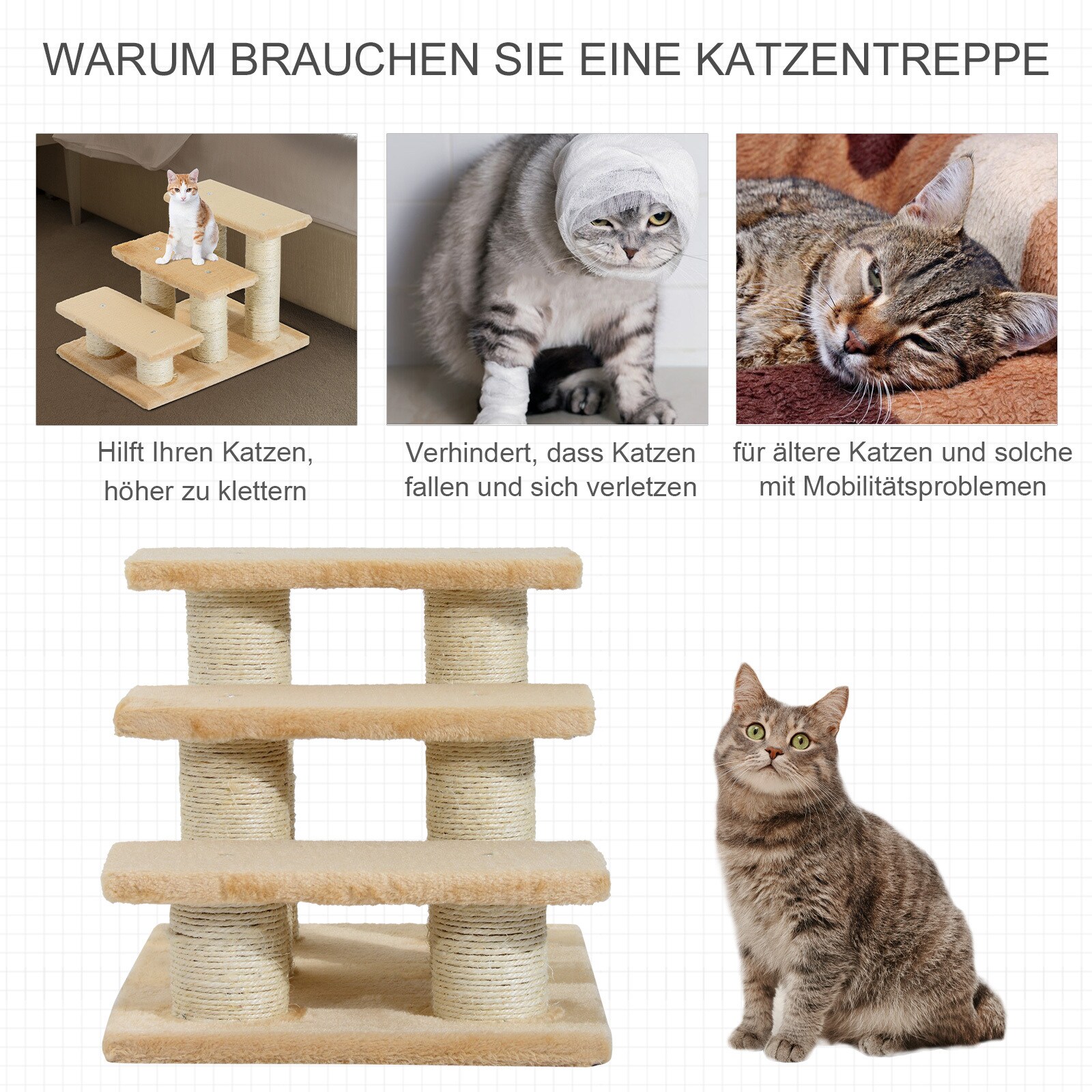 PawHut Katzenteppe mit 3 Stufen beige 45 x 35 x 34 cm (LxBxH)