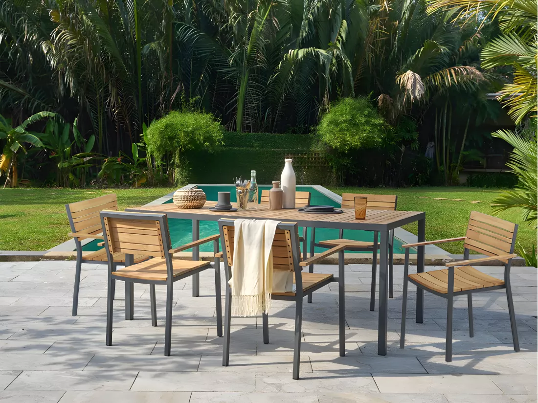 Table à manger de jardin en acacia et aluminium anthracite - 6 couverts - L160 cm - MILIES de MYLIA