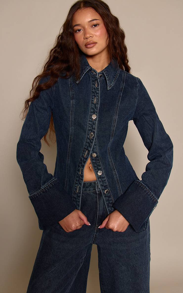 Vintage Chemise En Denim Cintrée Bleu Foncé