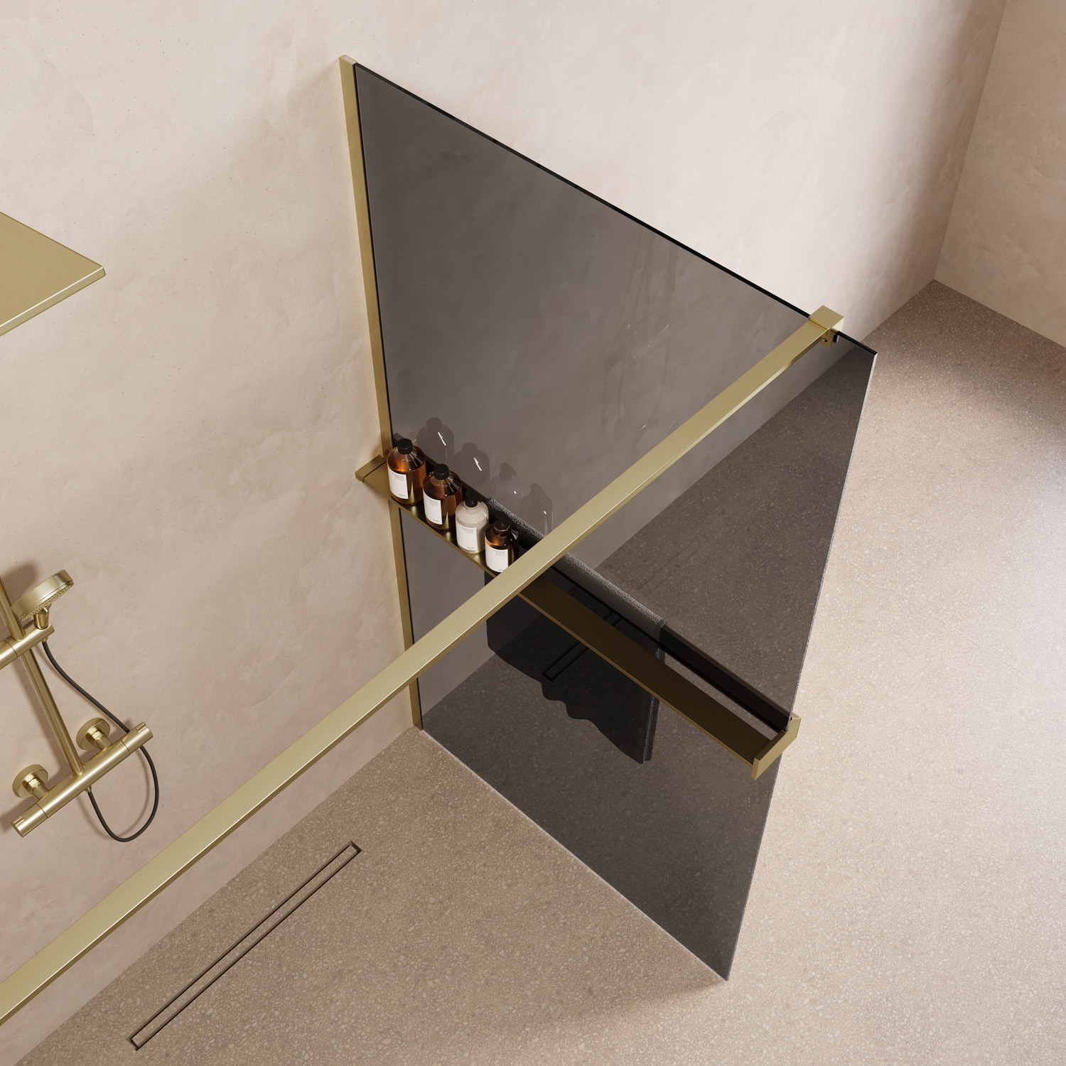 Saniclear Metric inloopdouche 110cm met handdoekhouder en rookglas geborsteld messing - mat goud