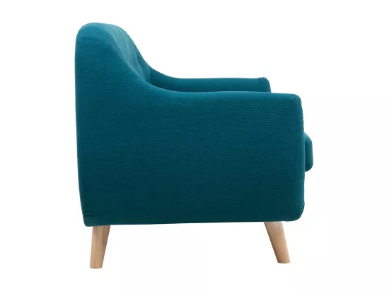 Canapé scandinave déhoussable 2 places en tissu bleu canard et bois clair YNOK