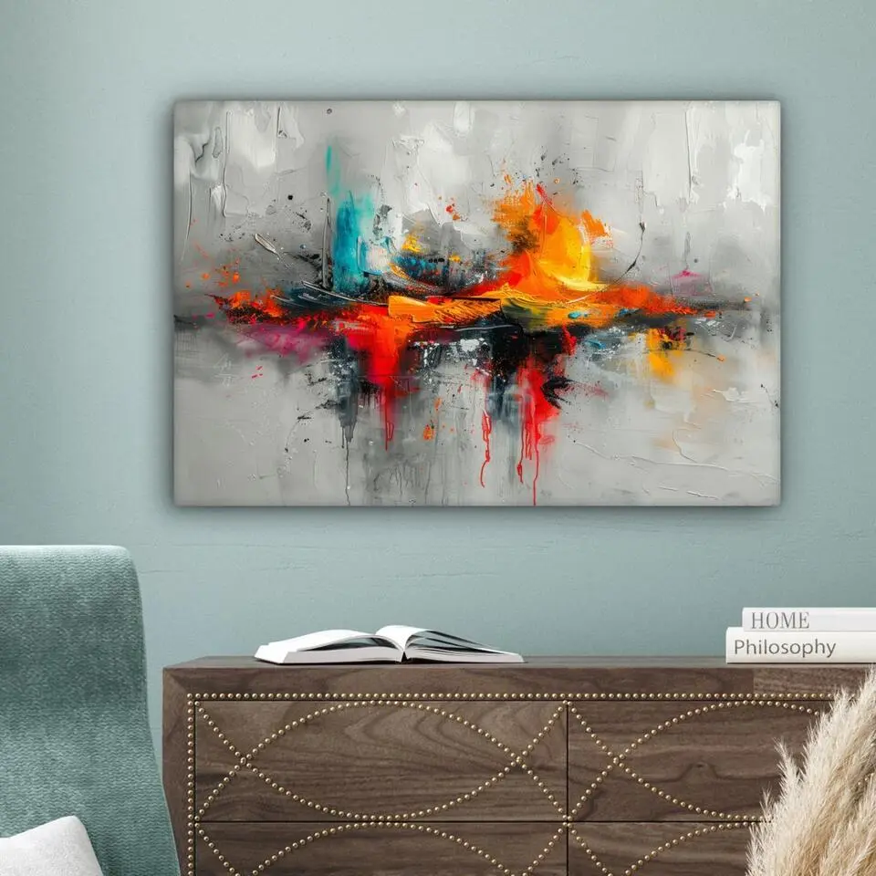 MuchoWow Canvas Schilderij 90x60cm Moderne kunst Oranje Grijs