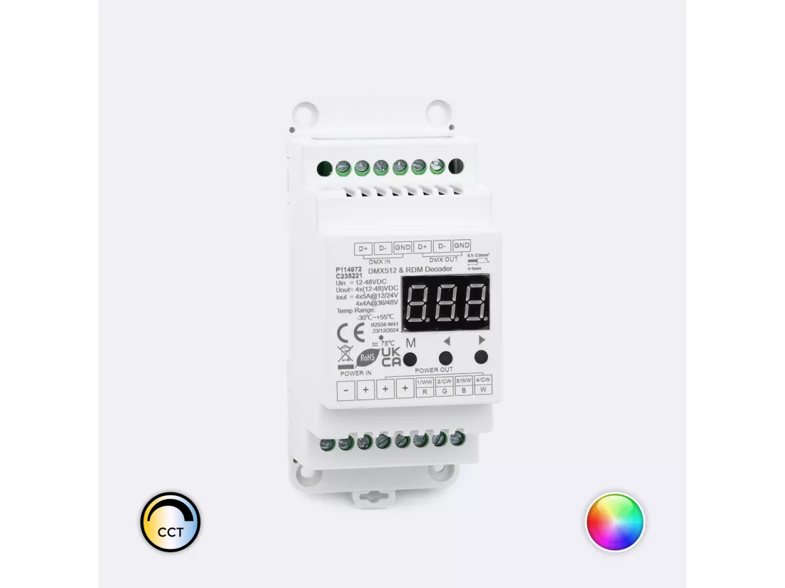 Décodeur DMX512 & RDM 12-24V DC CCT/RGB/RGBW Rail DIN 4 Canaux RGBW