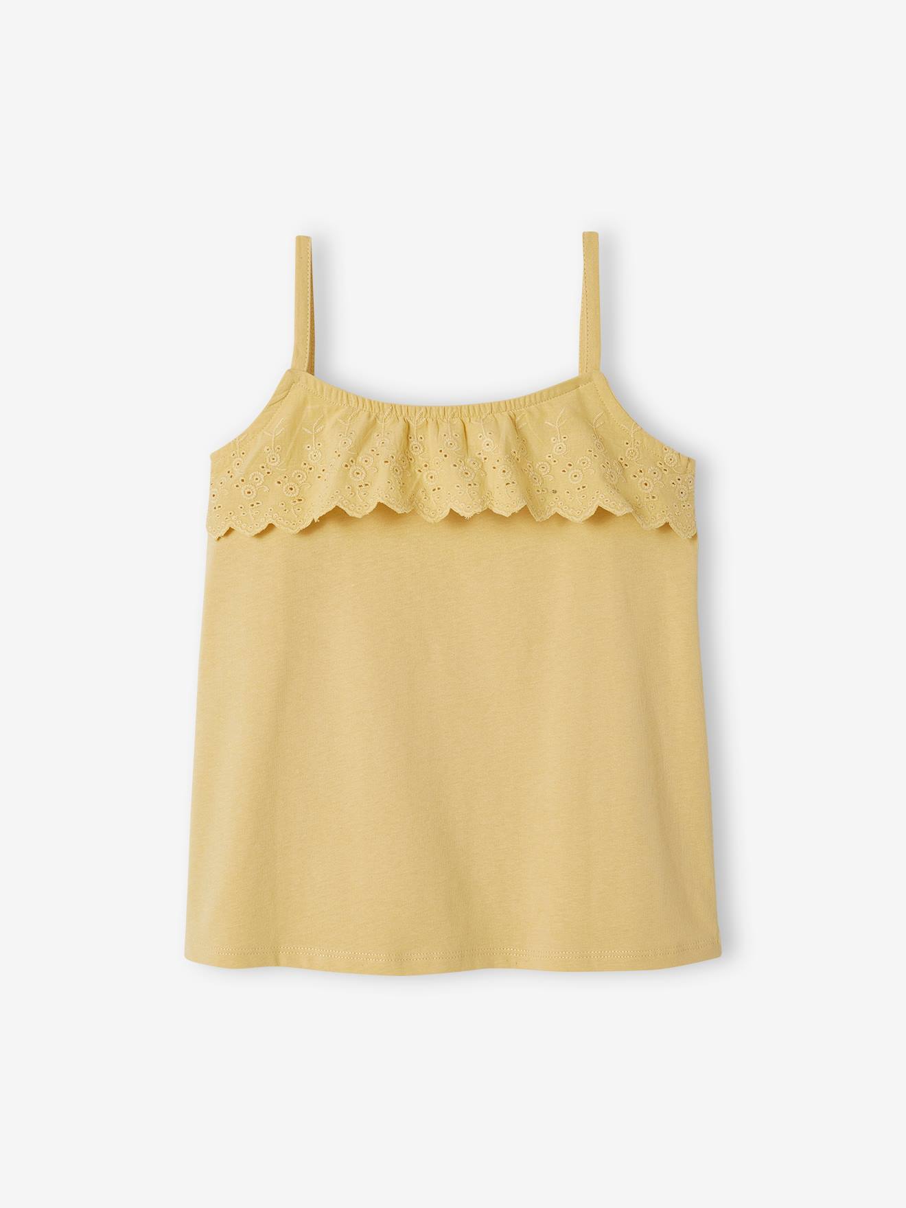 Camiseta sem mangas com babados e bordado inglês, para meninas, amarelo claro.