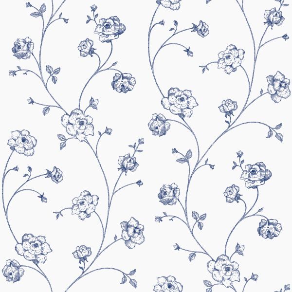 Estahome Toile De Jouy Rozen Behang - 0,53 x 10,05 m - Wit / Blauw