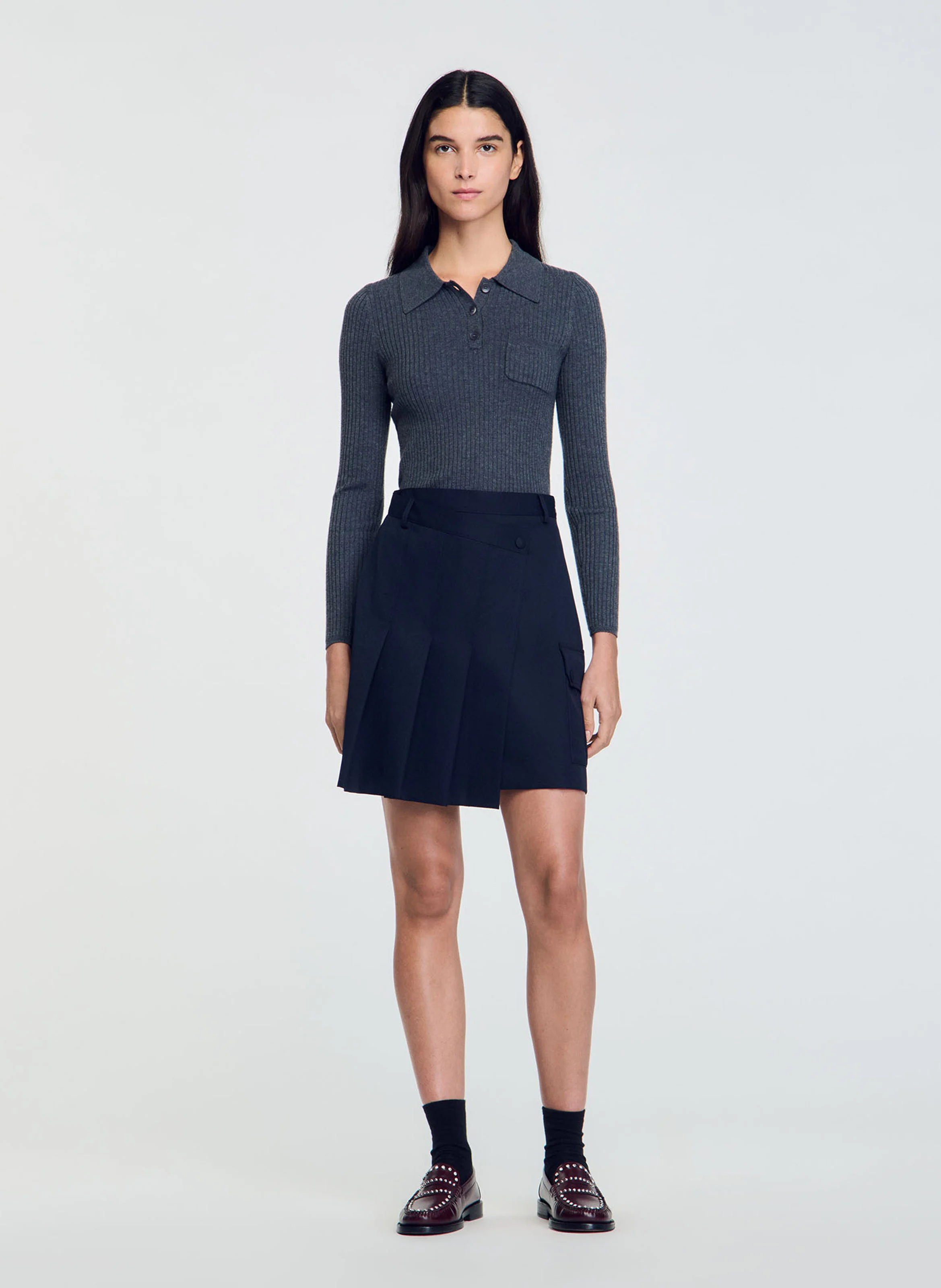 Pull col polo droit en maille | Gris