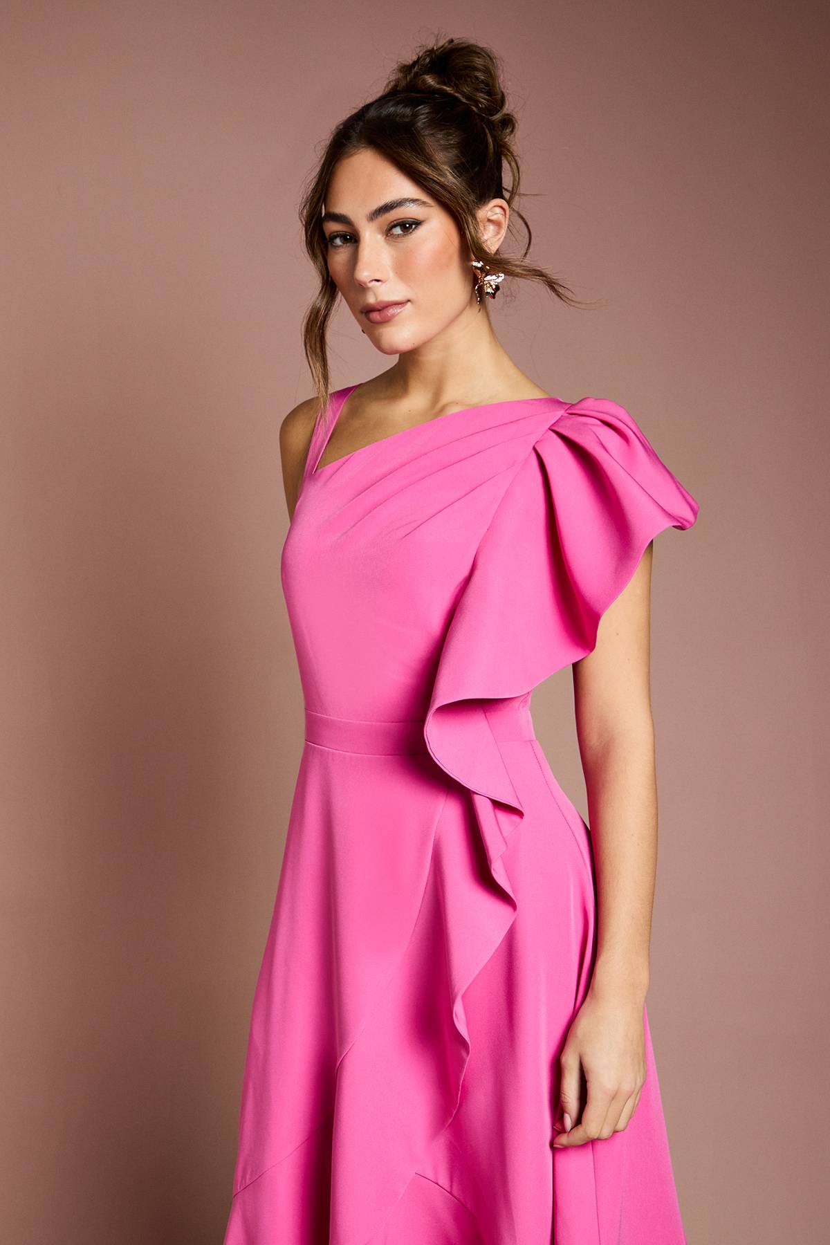 Coast Robe Mi-Longue en Crêpe à Une Épaule avec Volants