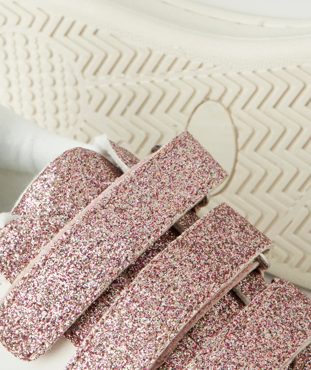 BASKETS BASSES FILLE BLANCHE BLEU ET PAILLETÉES ROSE