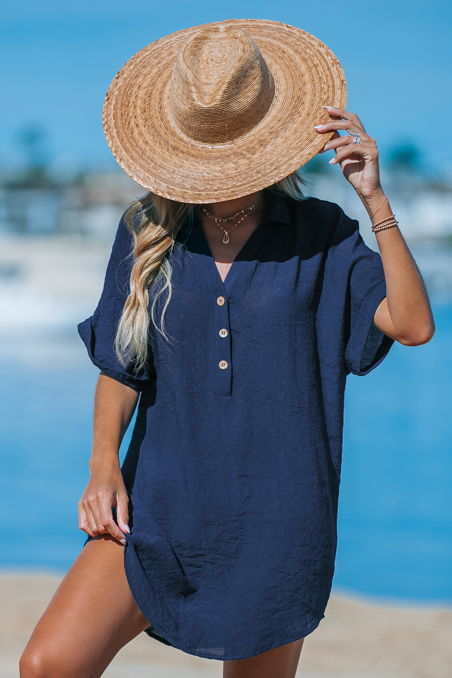 Robe cover up mini à col en V bleu marine