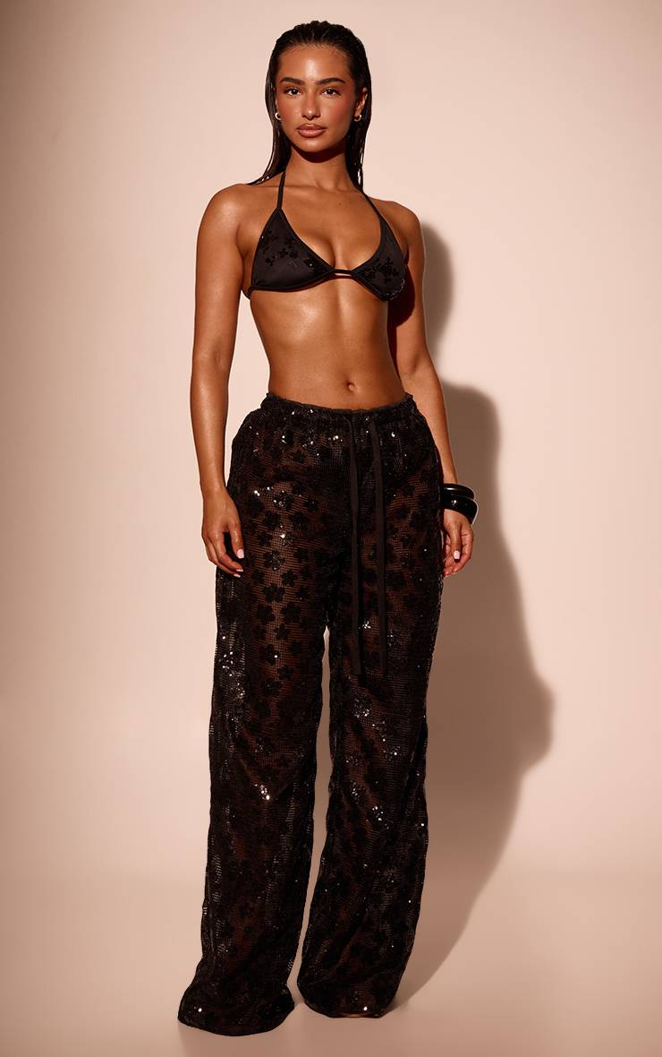 Noir Pantalon De Plage Au Crochet À Sequins Avec Cordon De Serrage