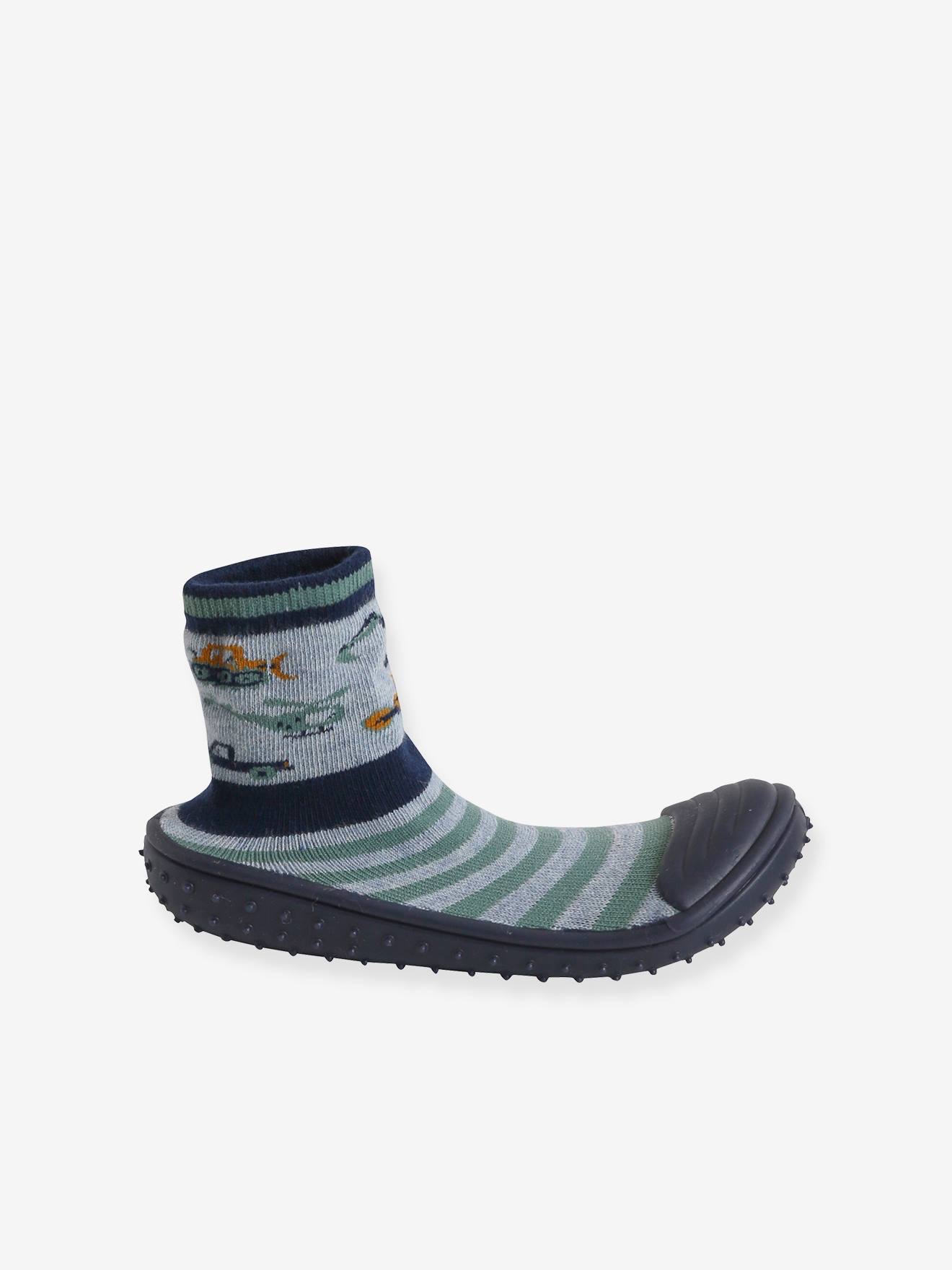 Pantufas infantis tipo meia, antiderrapantes, na cor cinza mesclado.