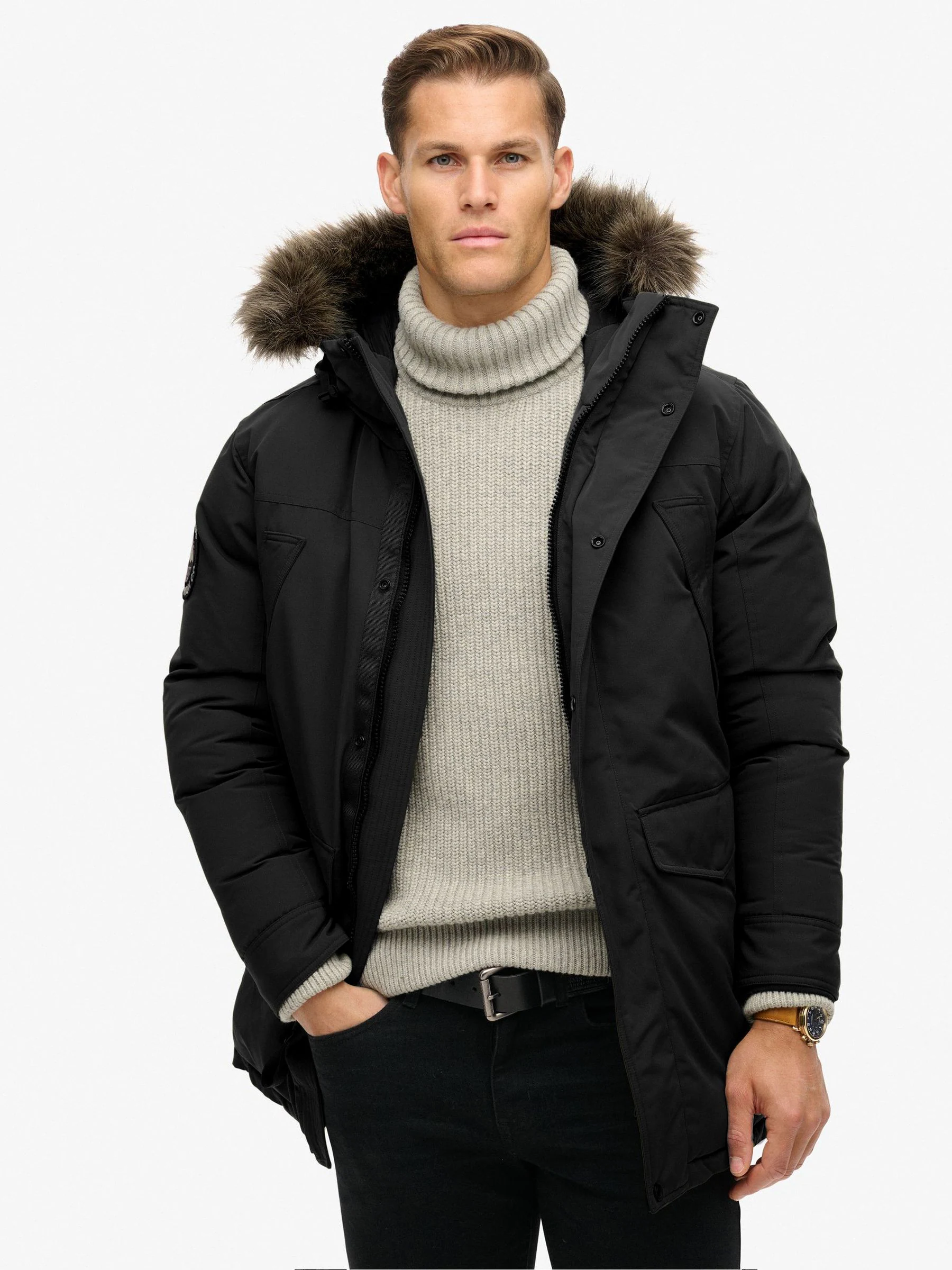 Jet black - Superdry Everest parka met imitatiebont