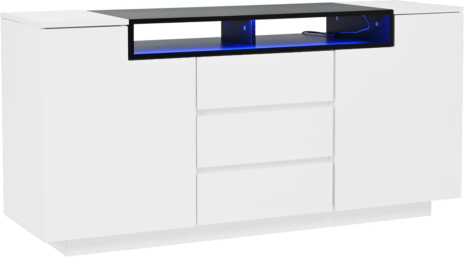 ModernLuxe LED Sideboard Hochglanz Kommode 140x40x68cm,3 Schubladen und 2 L-Türen, Wohnzimmer Sideboard Weiß Schwarz mit Verstellbaren Regalen