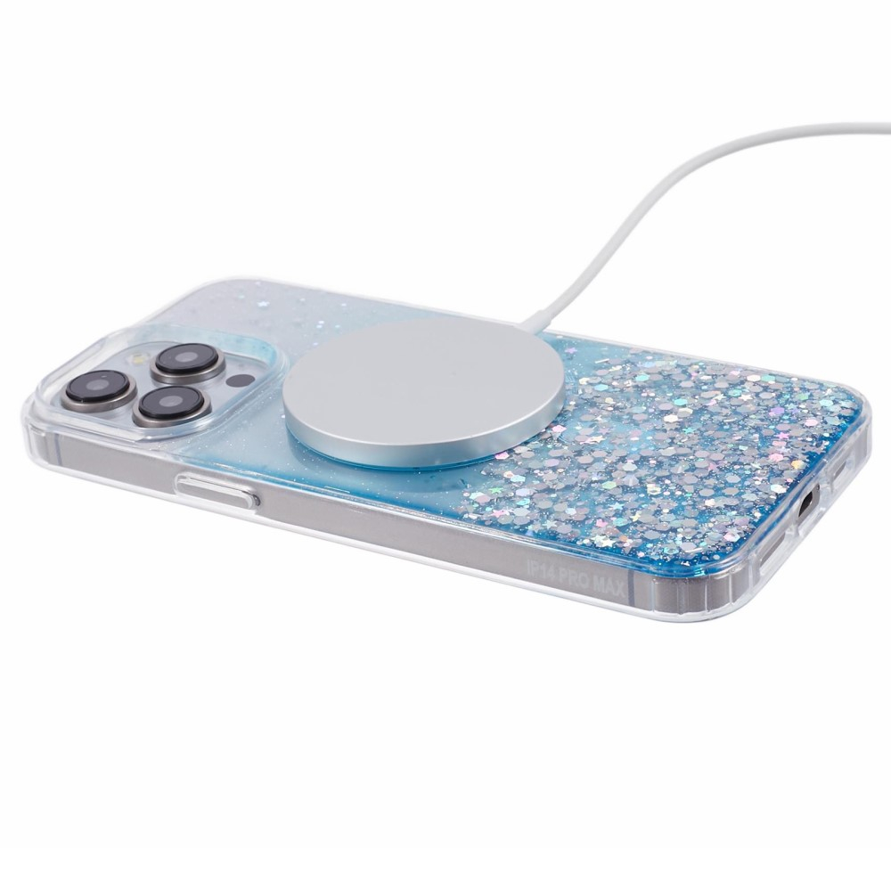 iPhone 15 Pro Max MagSafe Hülle mit Acryl Rückseite und Farbverlauf im Glitzer Design - Blau