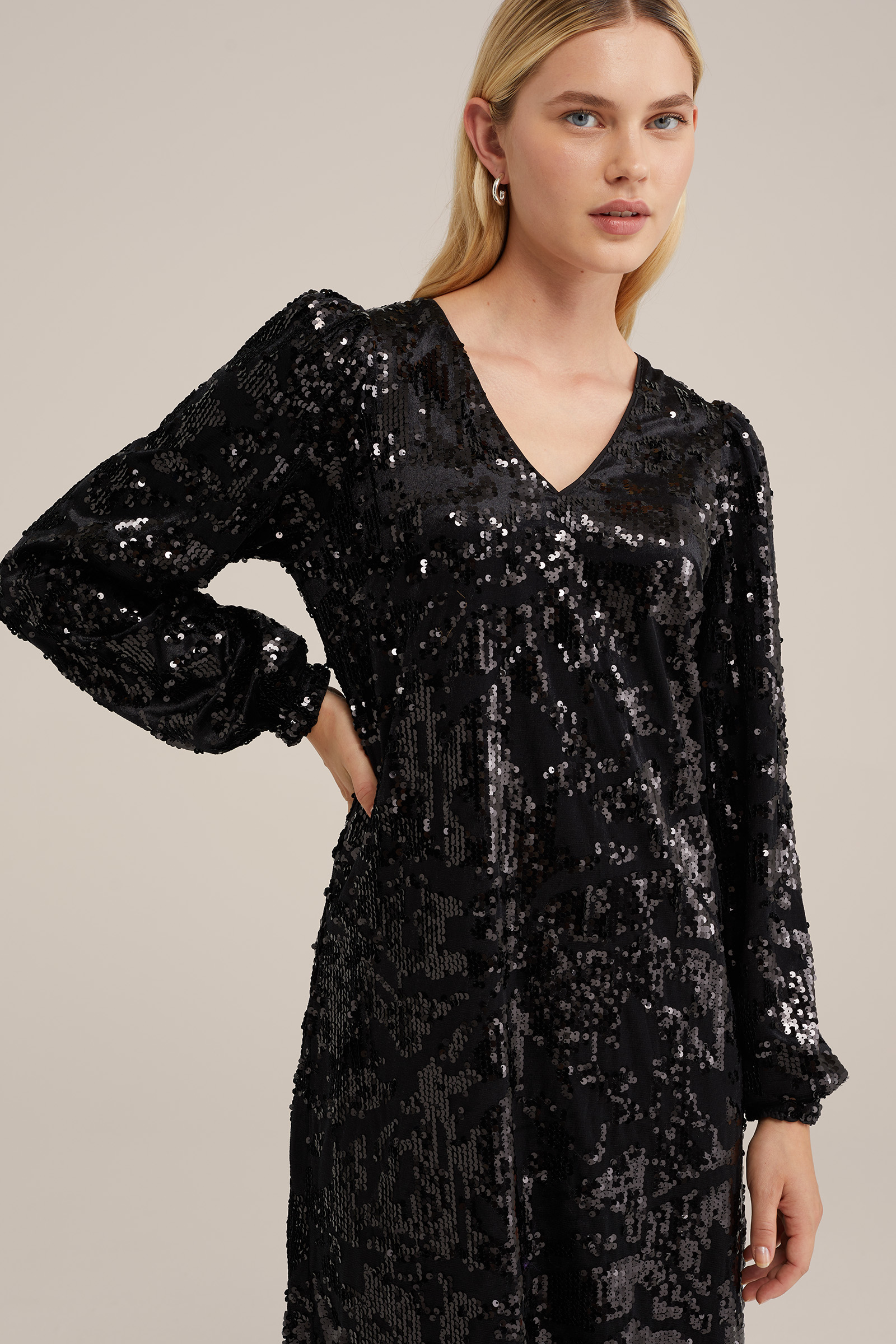 velvet jurk met pailletten WE Fashion Zwart