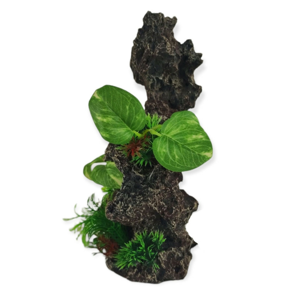Décoration rocher gris + plantes, 19 x 15 x h 31cm, aquarium.