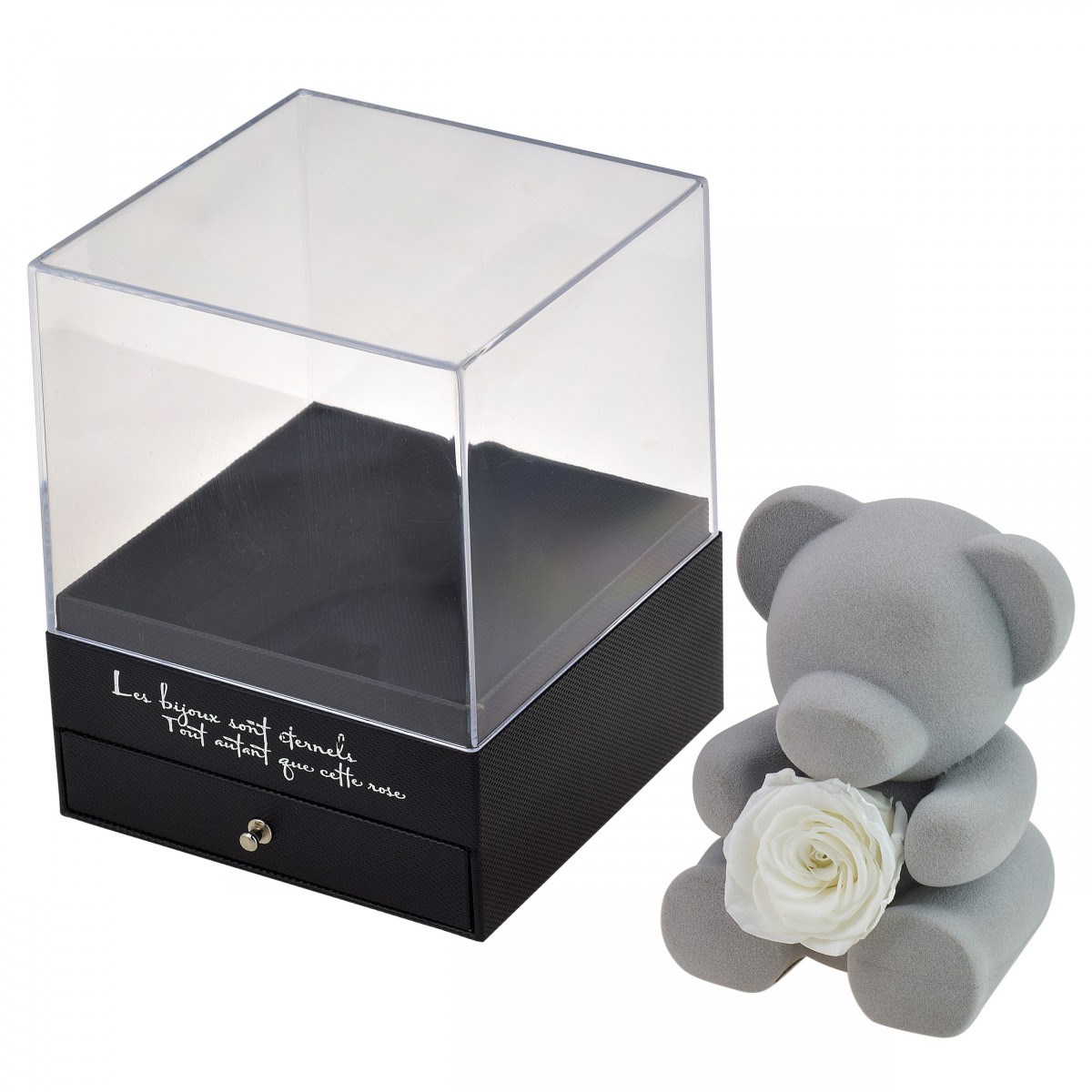 Coffret à bijoux ourson et rose éternelle blanche