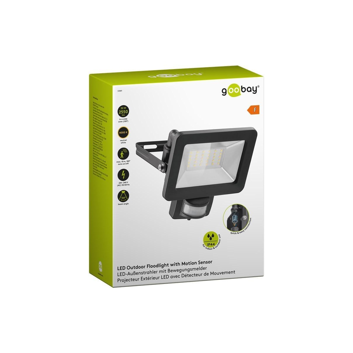Goobay LED-spotlight for utendørs bruk, 30 W, med bevegelsesdetektor