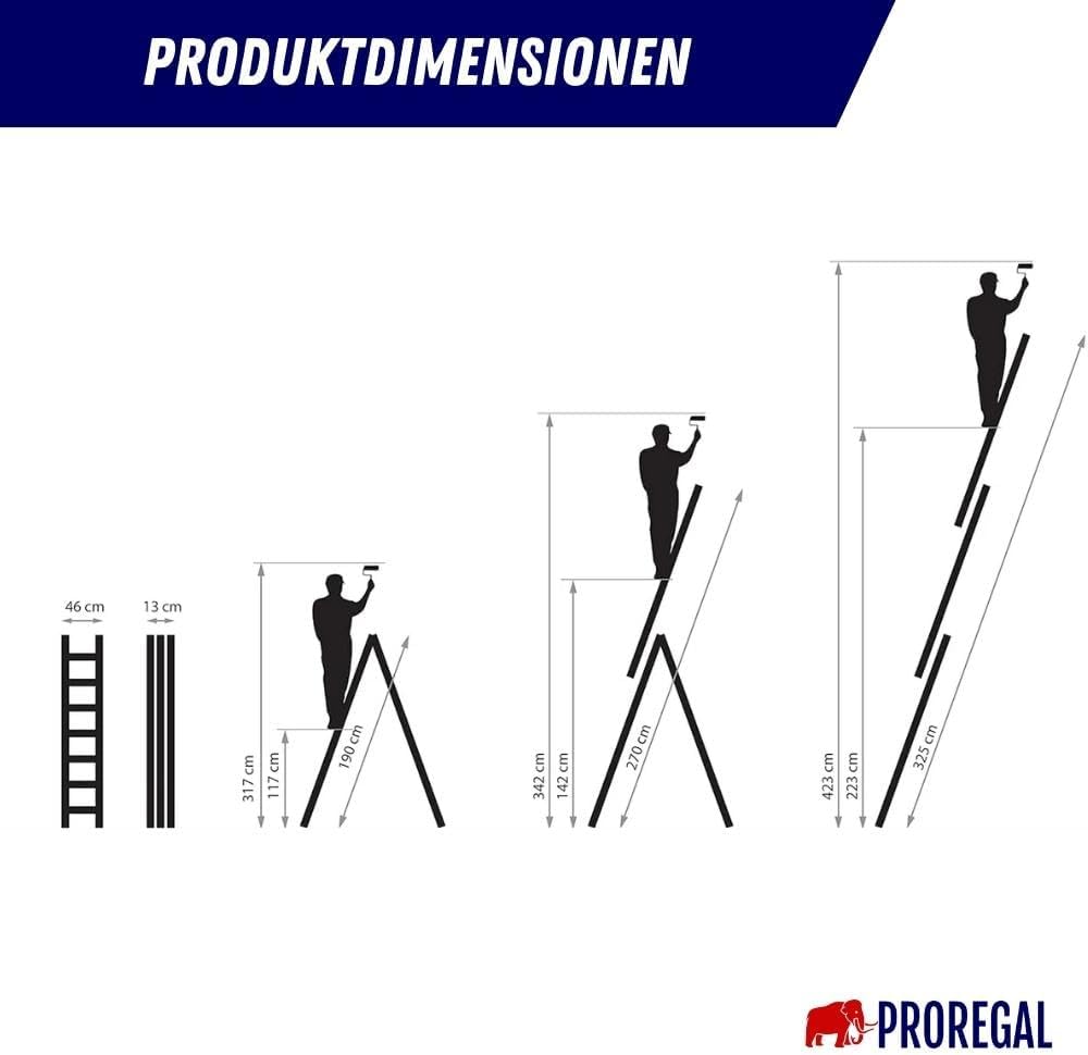 PROREGAL Economy Basic 3-delige multifunctionele ladder met dwarsbalk, 3 x 7 sporten, werkhoogte 4,23 m, draagvermogen 150 kg