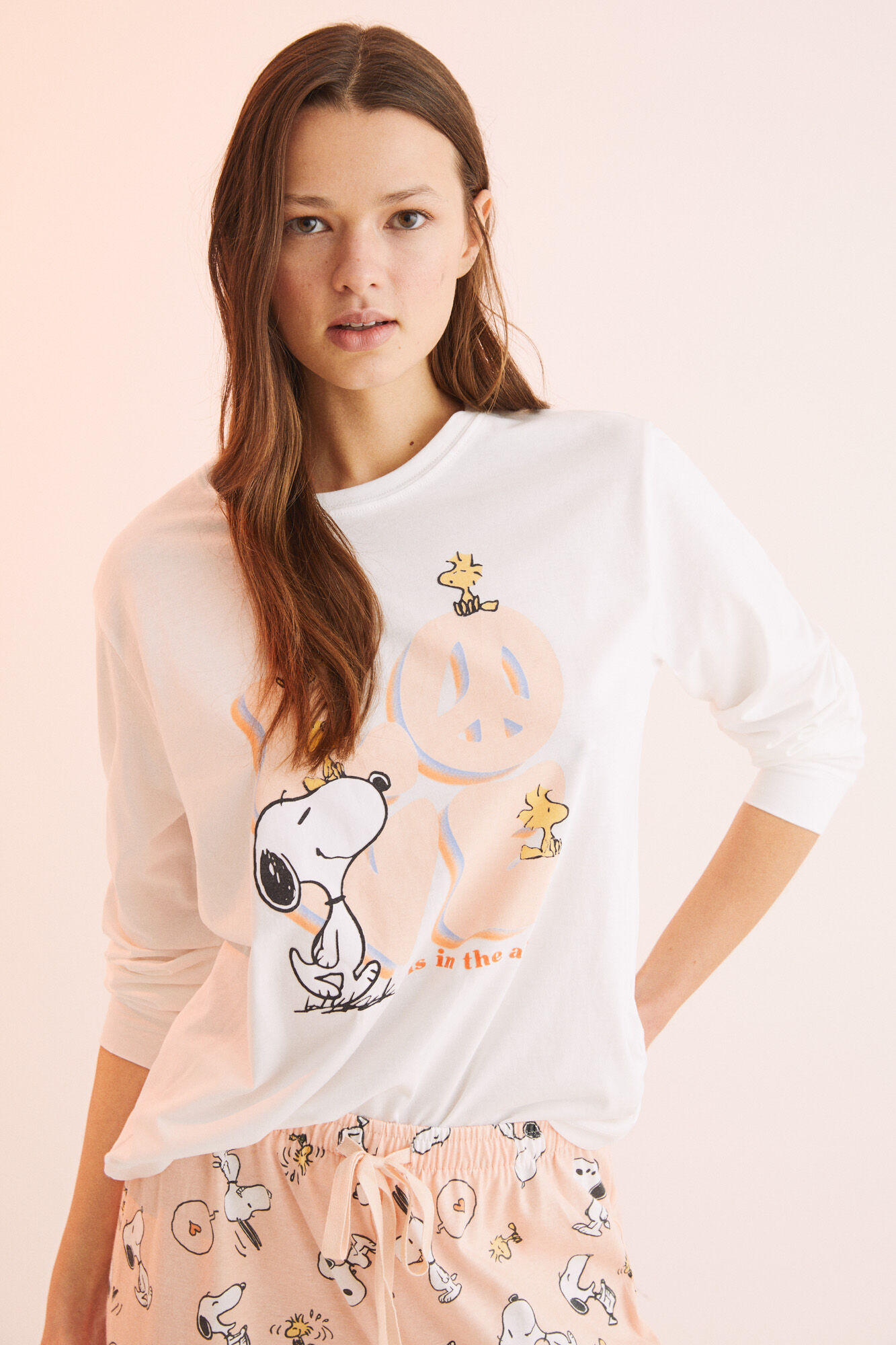 Pijama comprido Snoopy 'Love' 100% algodão - Laranja