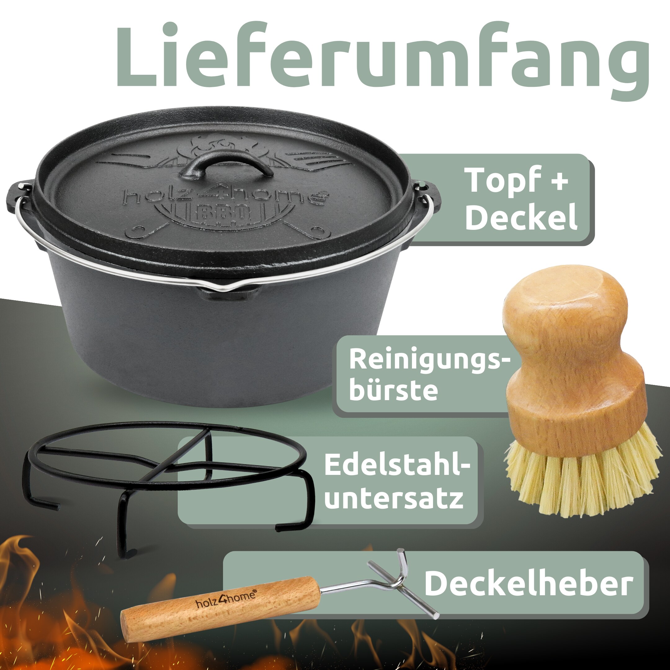 holz4home® Dutch Oven ohne Füße I eingebrannter Feuertopf aus Gusseisen I inkl. Deckelheber, Topfständer und Reinigungsbürste | 9 Liter