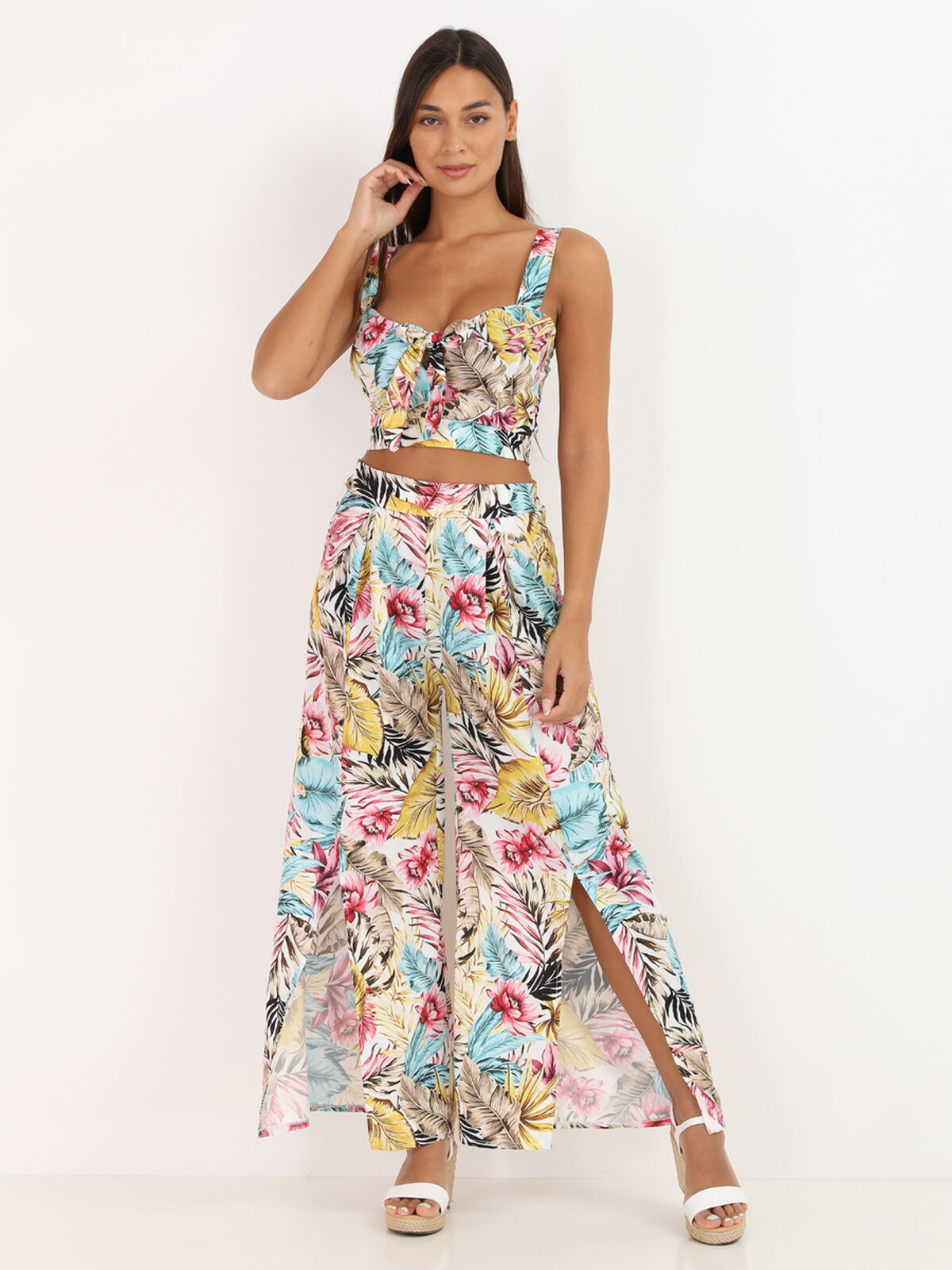Ensemble top pantalon à motif tropical- Blanc