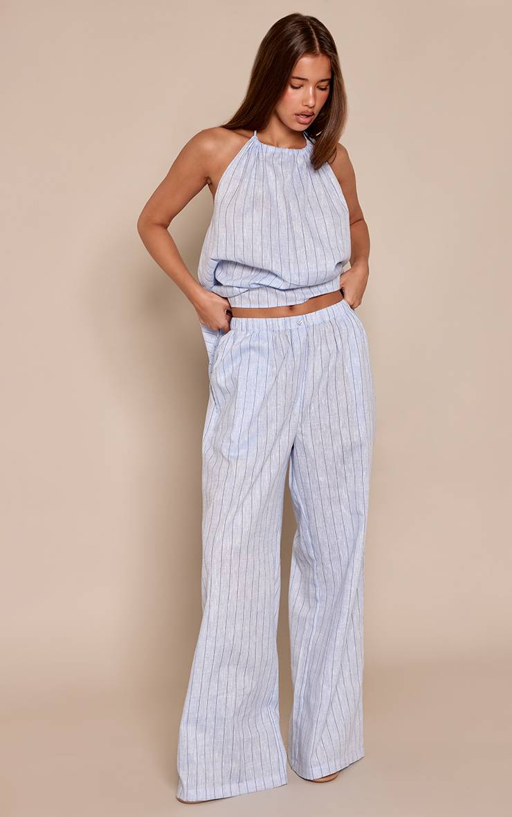 Bleu Pantalon Large Rayé À Taille Basse Coordonné