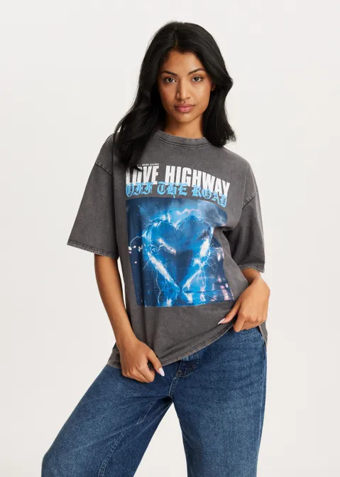 T-shirt met print love highway grijs (GRS.ACD)