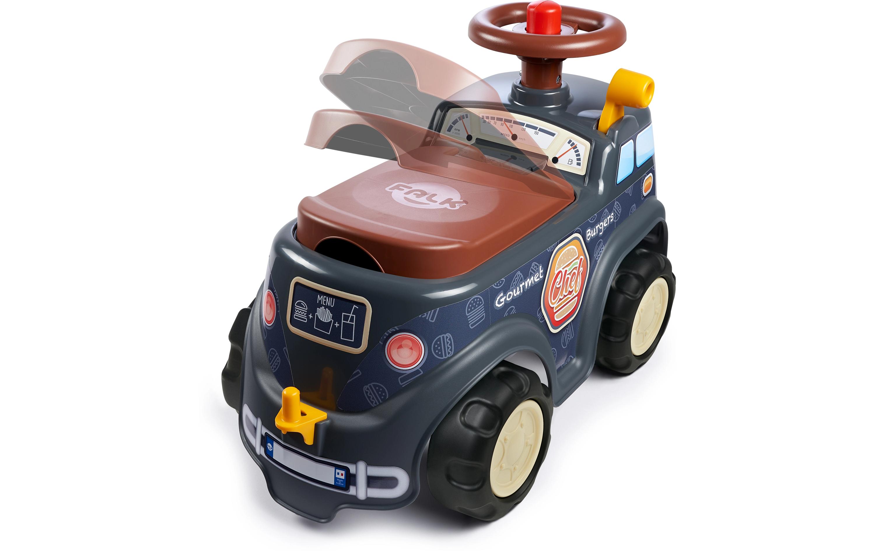 Rutschfahrzeug Food Truck + Anh.Forwarder mit aufklappbarer Sitzfläche, Lenkrad mit Hupe, Anhänger und Zubehör