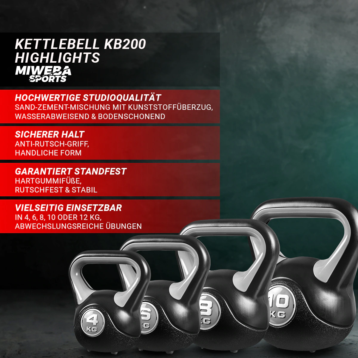 Miweba Sports Kettlebell KB200, Kunststoff-Kugelhantel, 4-12 kg, Anti-Rutsch-Griff, Hartgummifüße (4,0 kg)