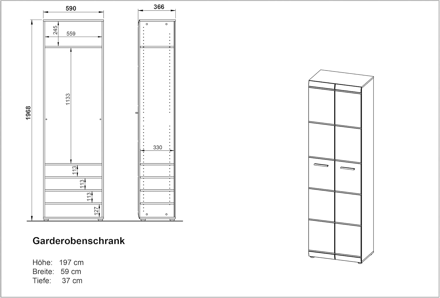 Germania 3577-84 Garderobenschrank Holz, weiß, 37 x 59 x 197 cm