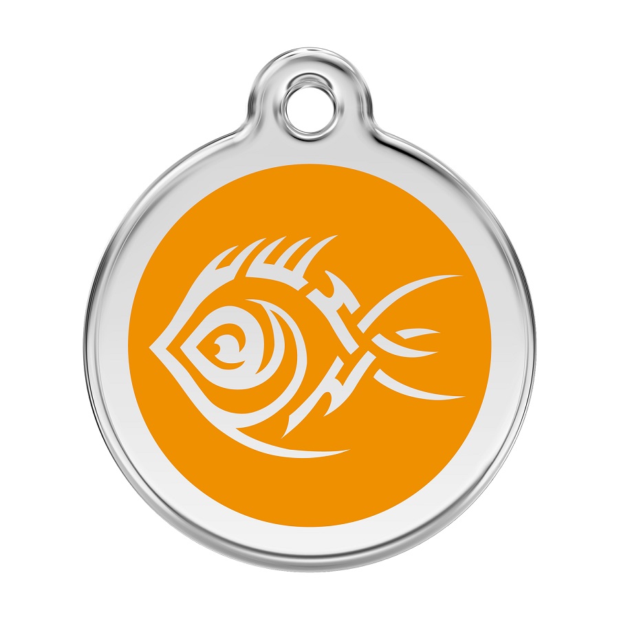 Placa de identificação para cães em aço inoxidável esmaltado com desenho tribal de peixe laranja