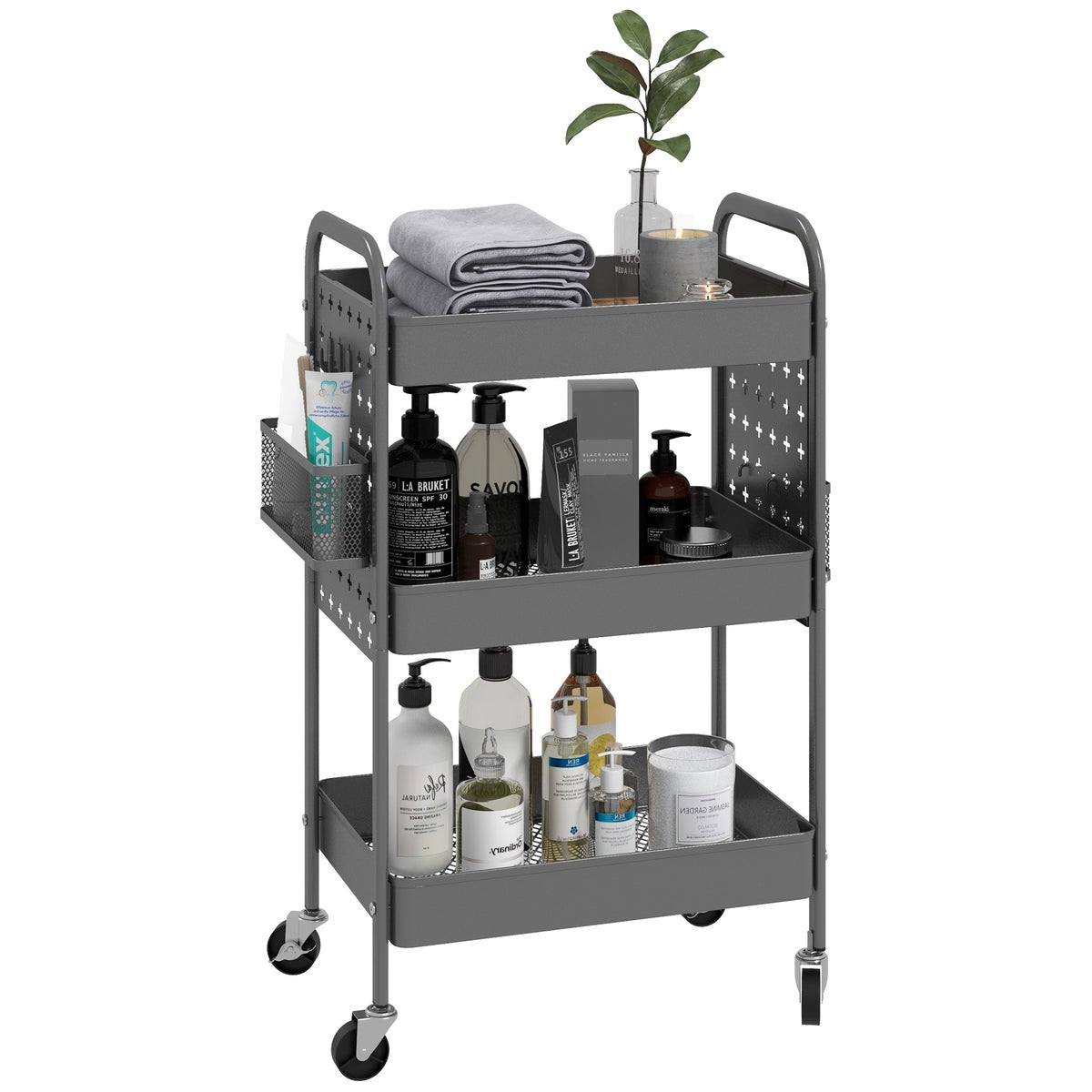 HOMCOM Rolwagen, Serveerwagen met 3 Planken, 2 Hangmanden, Opbergwagen met Handvat, Keukenwagen, Bijzettafel voor Keuken, Woonkamer, Staal, Donkergrijs