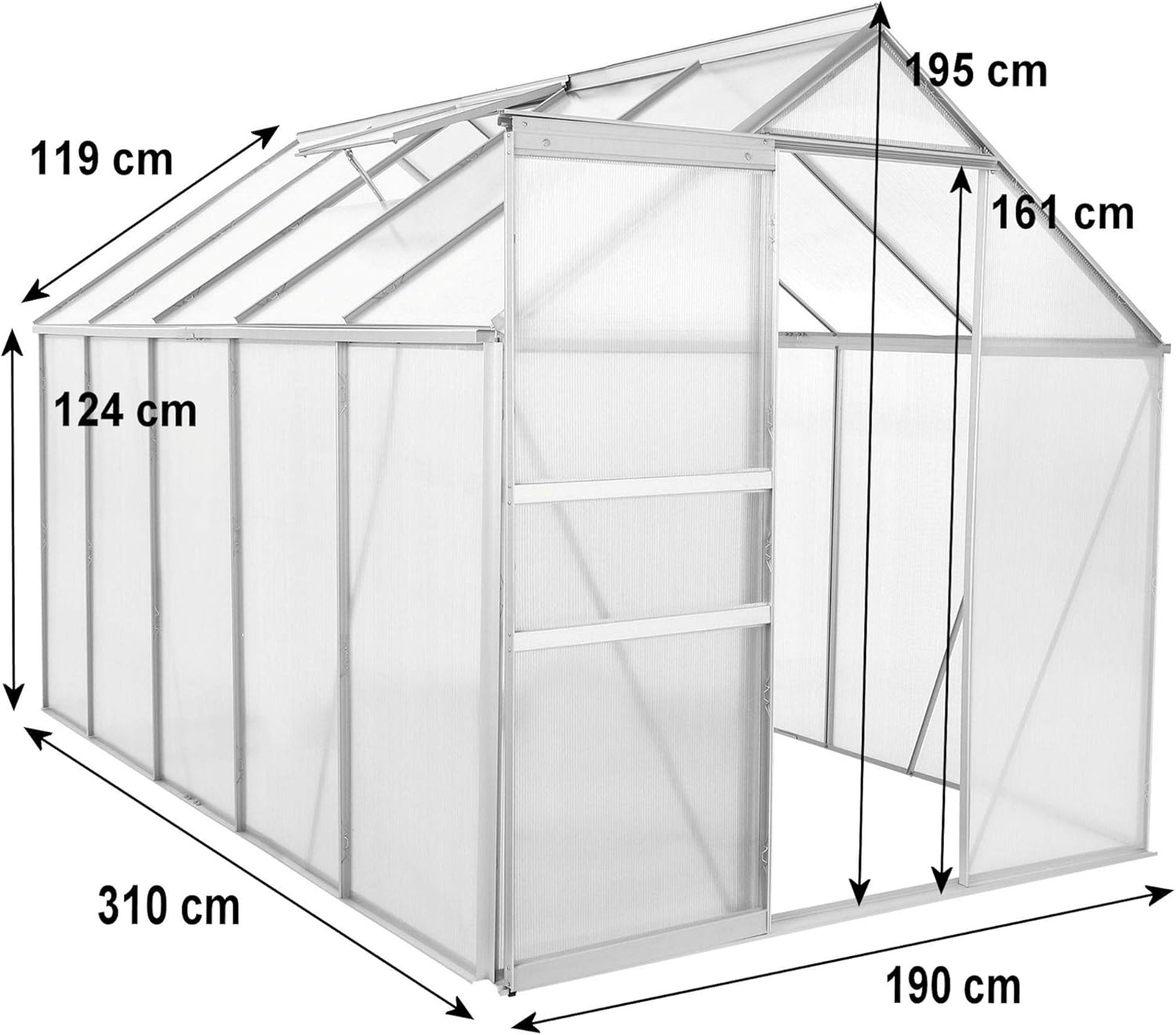 Zelsius Aluminium Gewächshaus 310 x 190 cm | 6 mm Hohlkammerplatten, UV-beständig, Winterfest | Treibhaus, Pflanzenhaus, Tomatenhaus, Frühbeet, Anbau Gewächshaus, Tomatengewächshaus, Gartenhaus