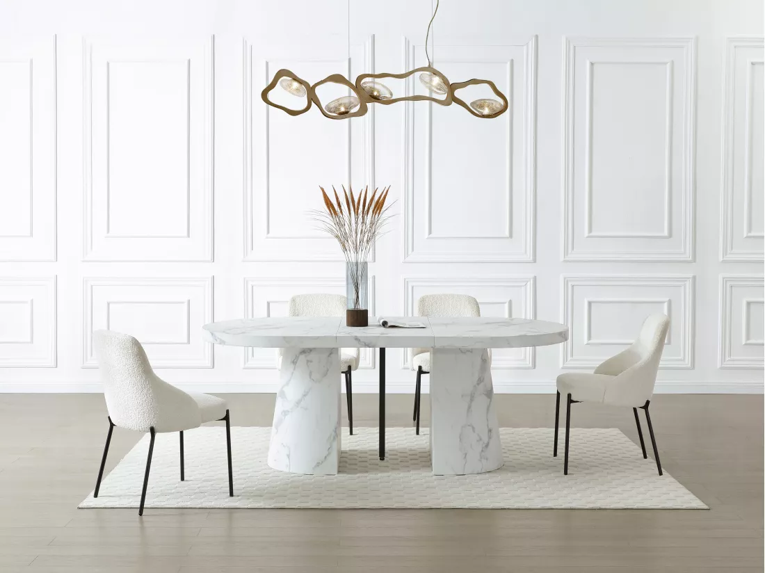 Table à manger extensible 6 à +12 personnes en MDF - Effet marbre blanc - CLOEVA