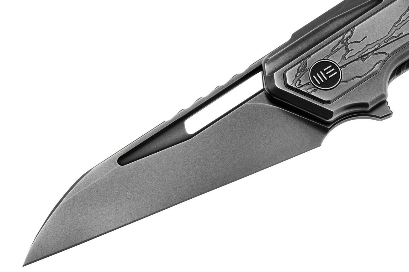 WE Knife Falcaria WE23012B-4 Polished Gray CPM 20CV, Polished Gray Titanium, Etching Pattern Titanium Inlay, zakmes