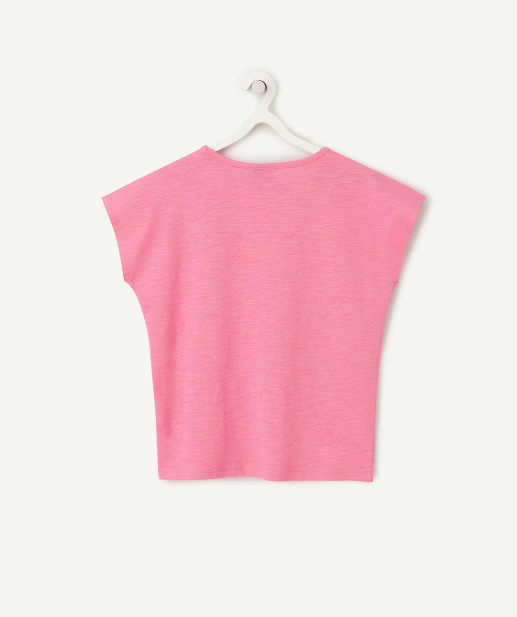 t-shirt manches courtes fille en coton bio rose avec boutons