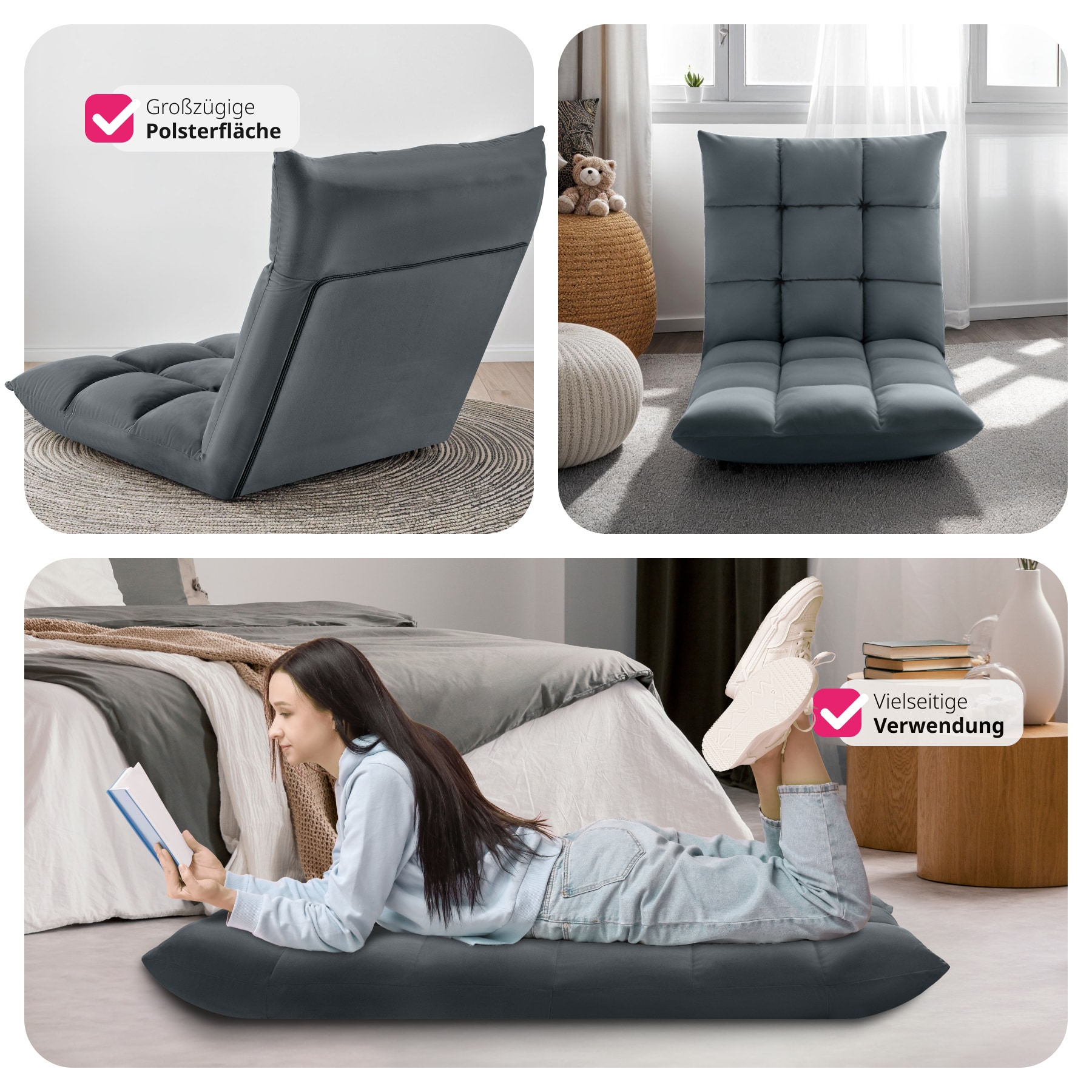 tectake® Relaxsessel , 2 in 1 als Sessel oder Liege, gepolstert, mit Samtbezug, stabiles Stahlgestell, 108 x 57 x 13,5 cm