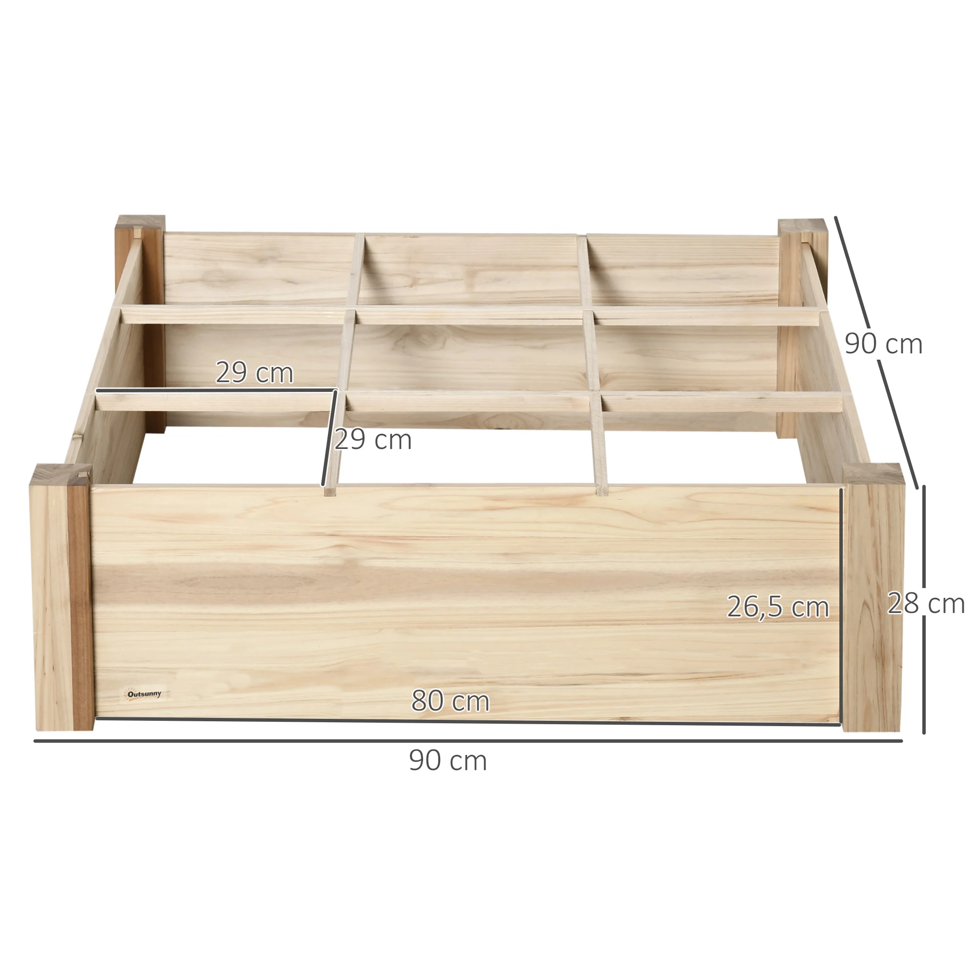 Jardineira urbana quadrada de madeira Outsunny, 90x90x28 cm, com 9 compartimentos removíveis, ideal para o cultivo de plantas e flores, cor natural.